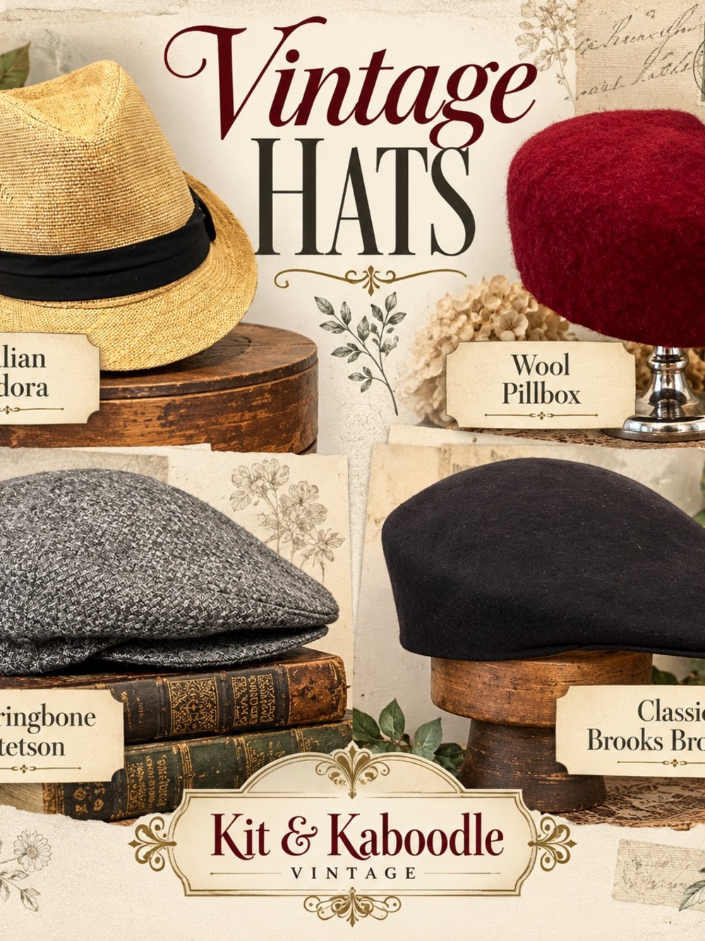 Vintage Hats; Wool Pillbox, Best Boy Stetson, Classic Brooks Bros, Straw Fedora